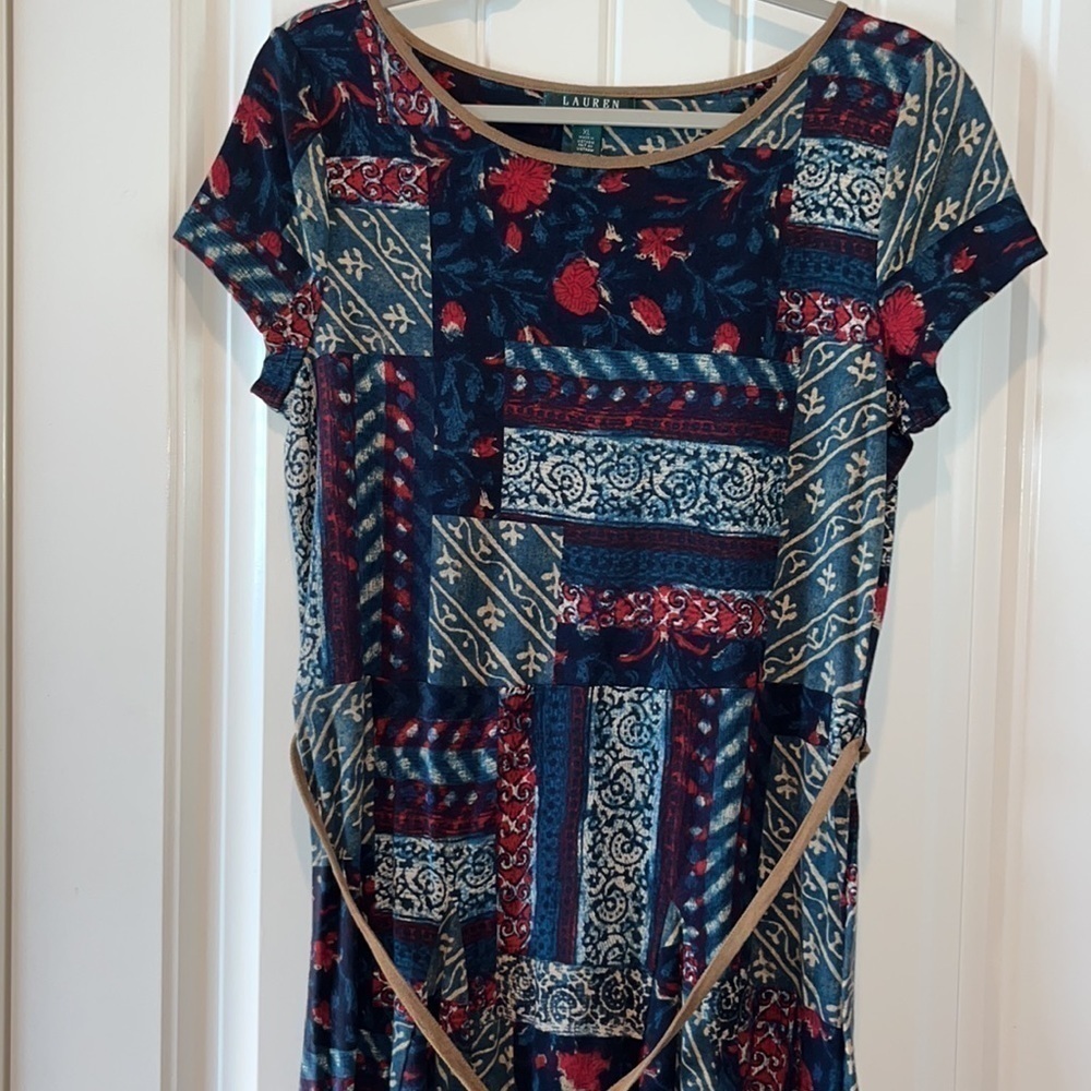 Lauren Ralph Lauren short sleeve patchwork cotton dress faux leather trim/tie XL - Picture 3 of 10